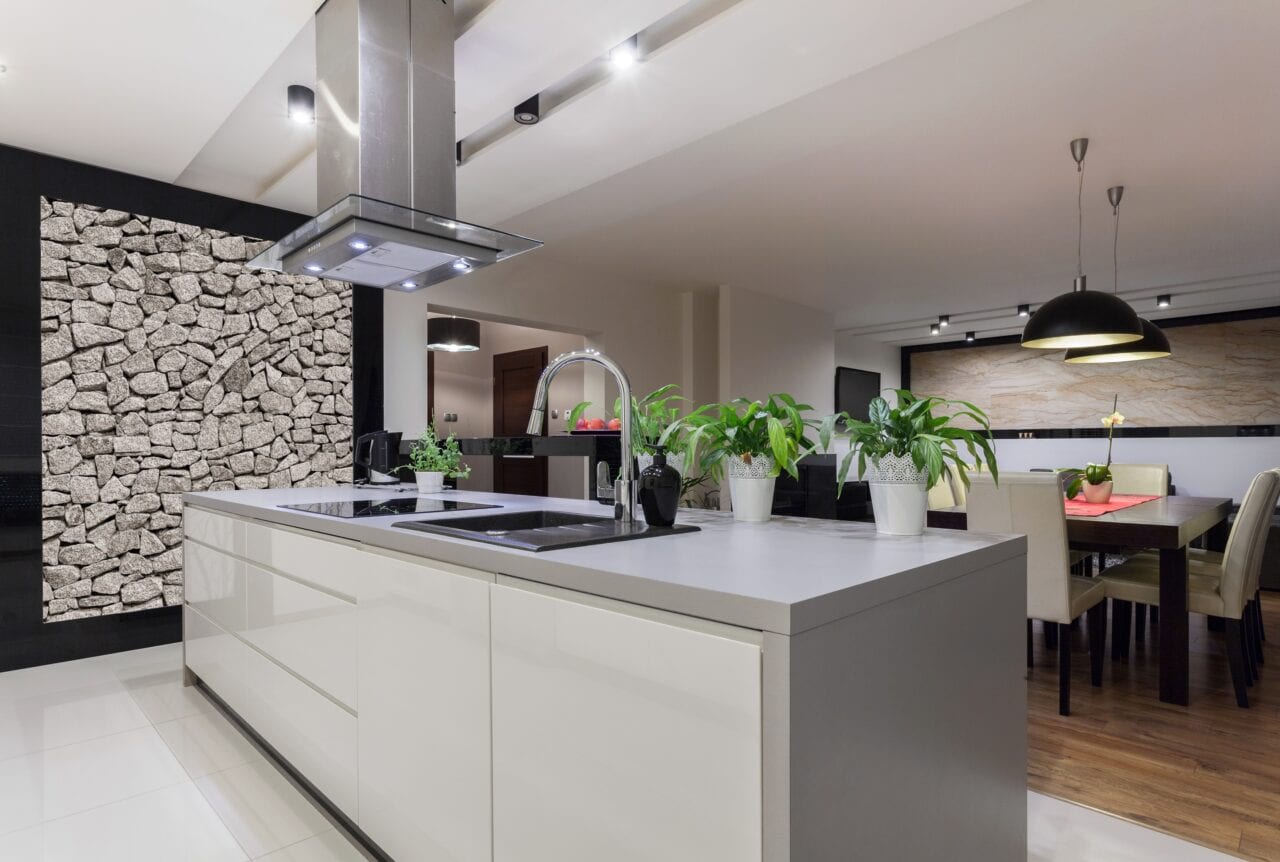 Picture,Of,Designed,Kitchen,With,Stone,Wall
