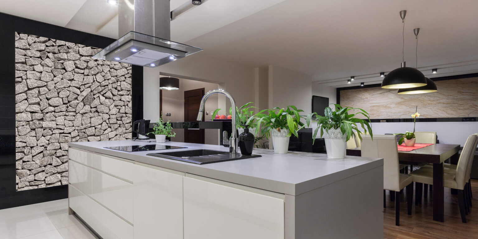 Picture,Of,Designed,Kitchen,With,Stone,Wall